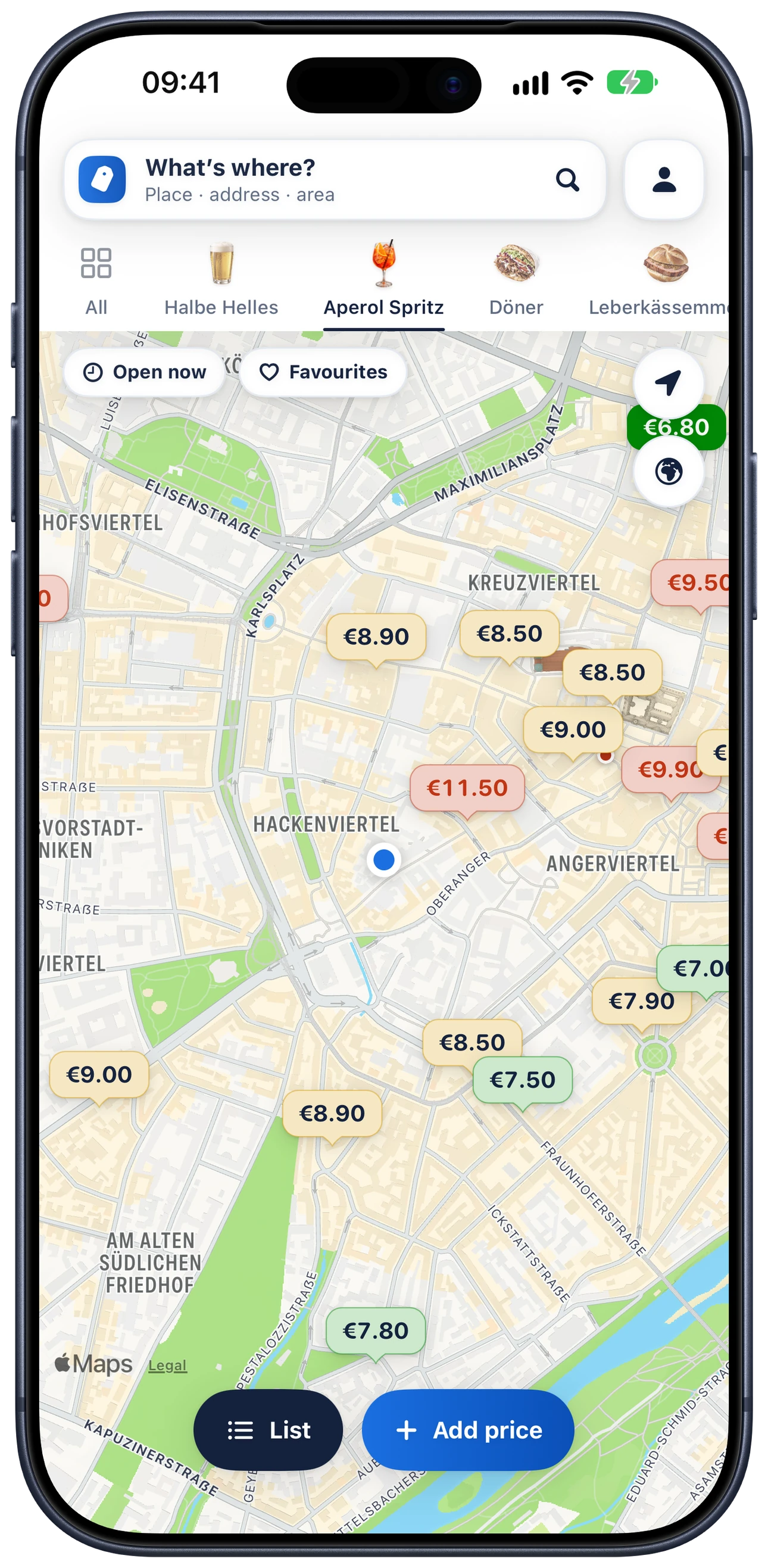 Map of Munich with Aperol Spritz prices