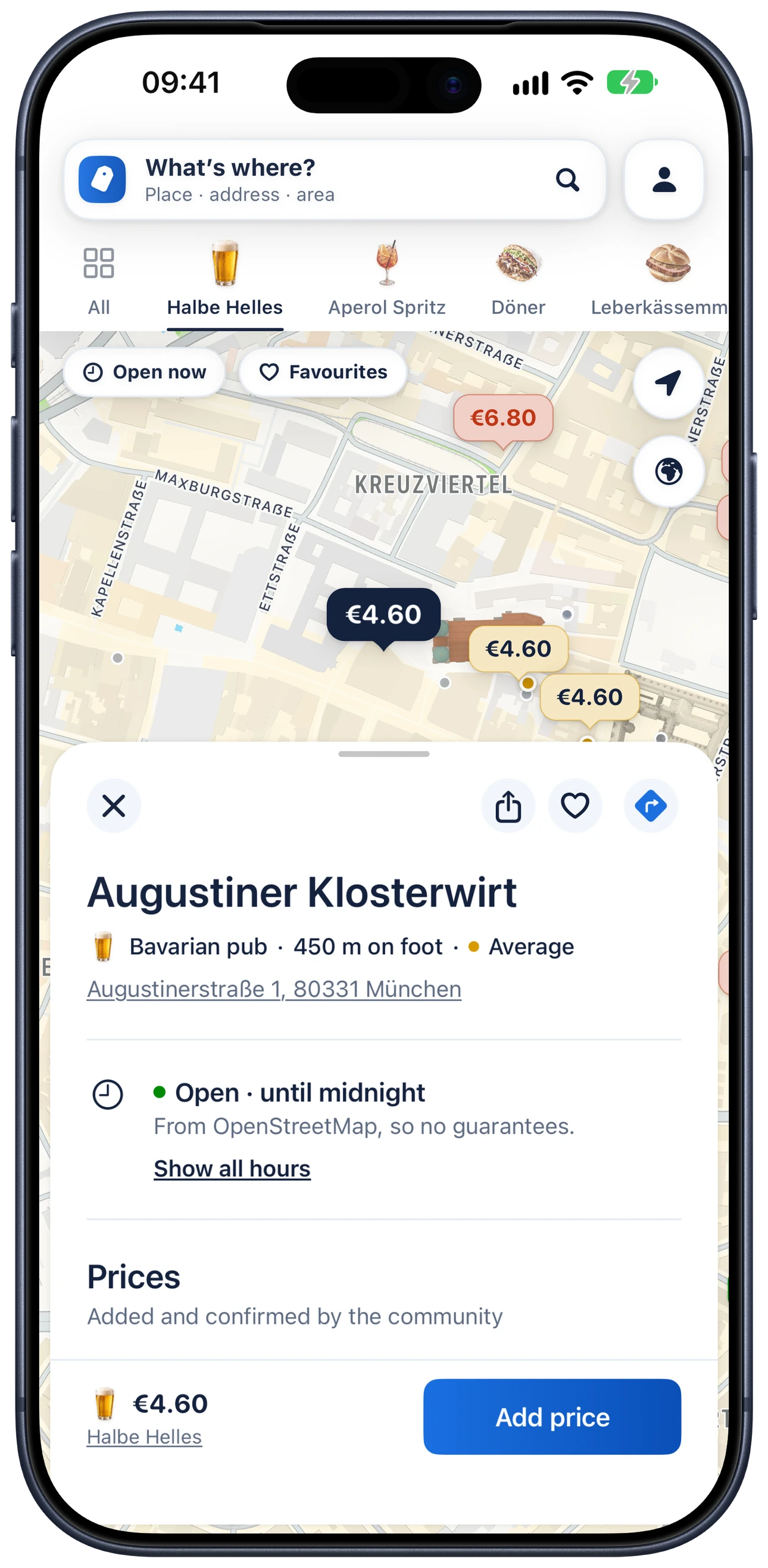 A place selected on the map, with the “Add price” button at the bottom