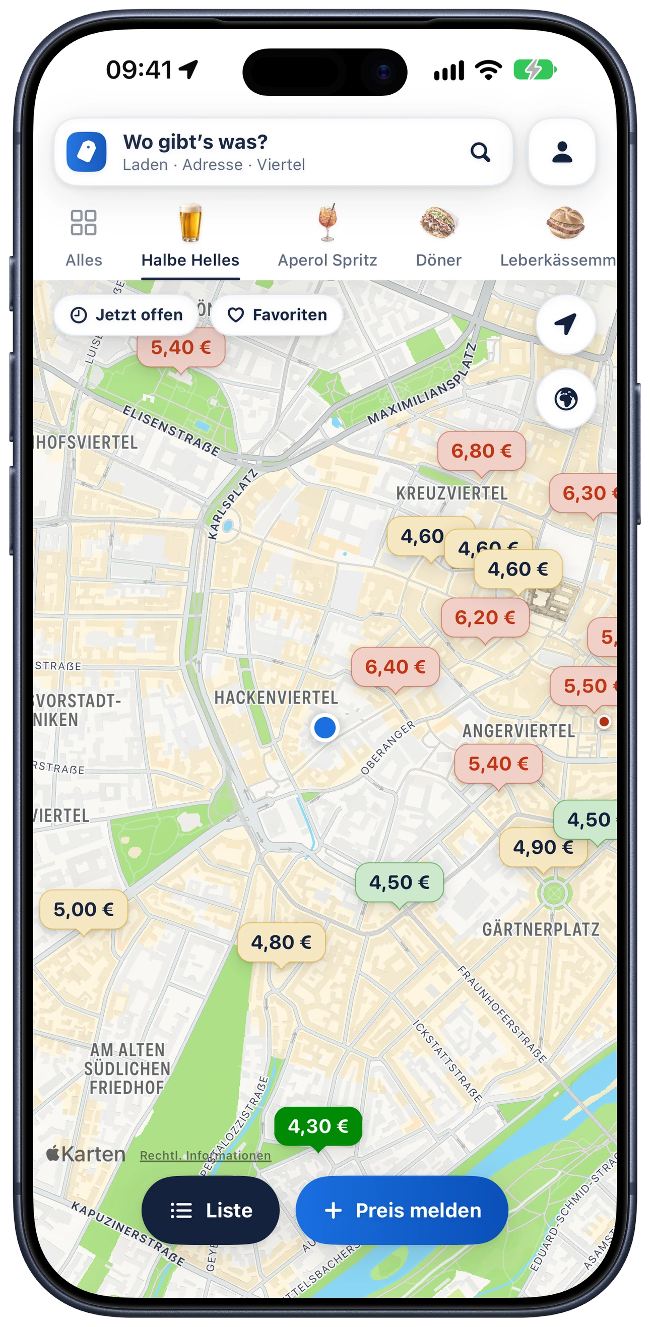 Munich Prices in Blau: Karte von München mit Bierpreisen, iPhone in Deep Blue